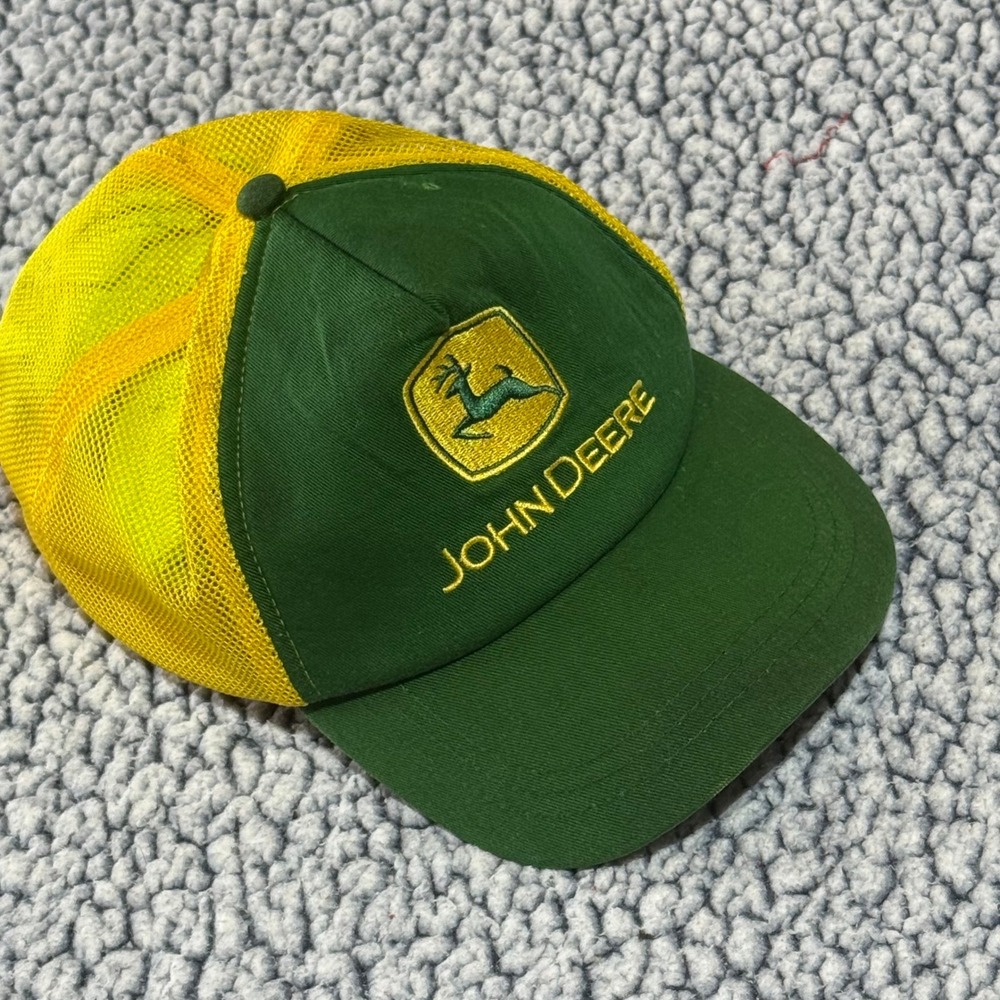 John Deere Trucker Hat Green Yellow Mesh Back Adjustable Snapback Logo Cap S/M